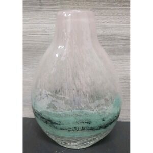 Original Hand -Blown Art Glass Vase.Crackled Glass Pink,Green, with Black Bshelf